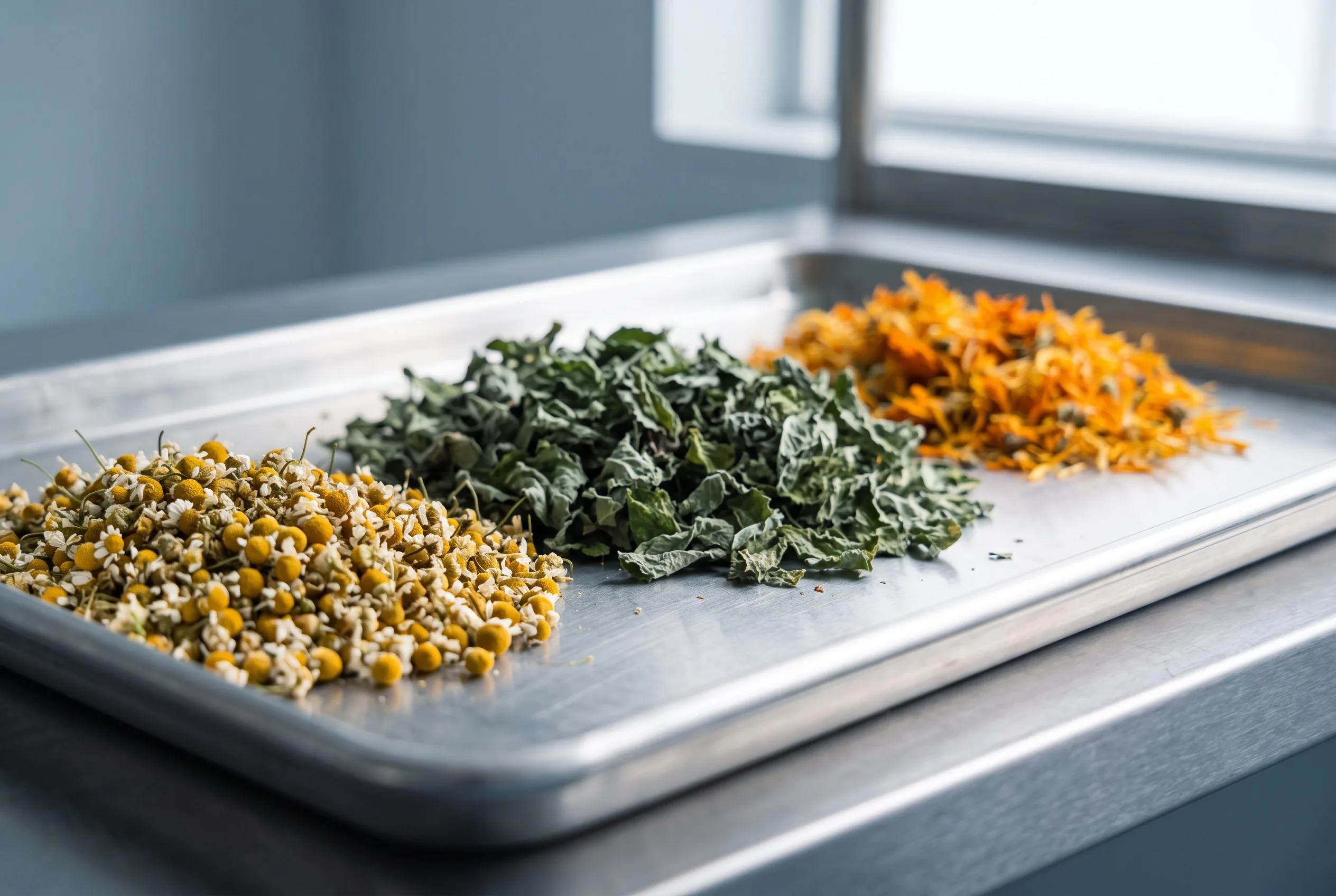 Dried chamomile, mint and calendula on a steel tray