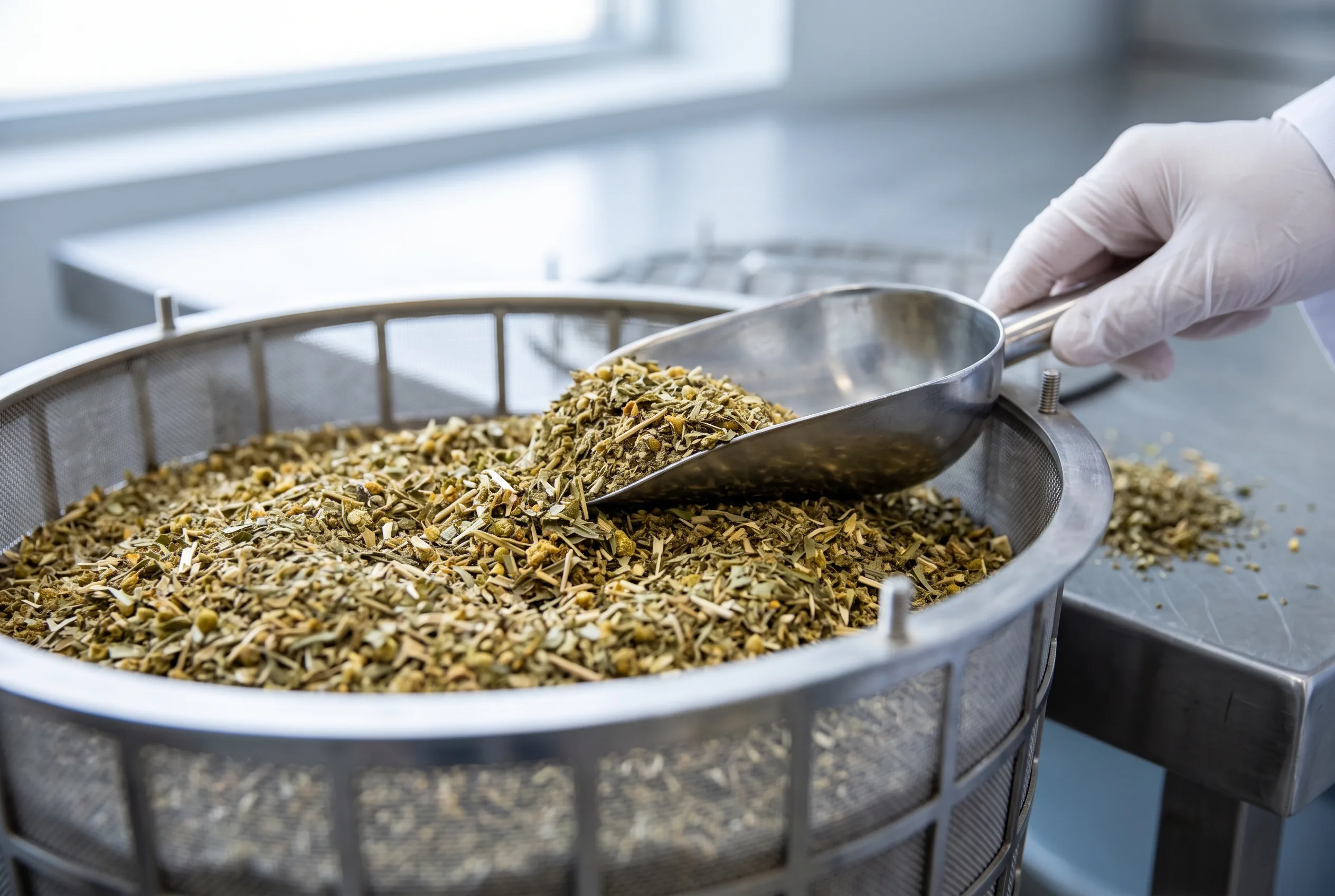 Dried, cut herb in a stainless steel extraction basket