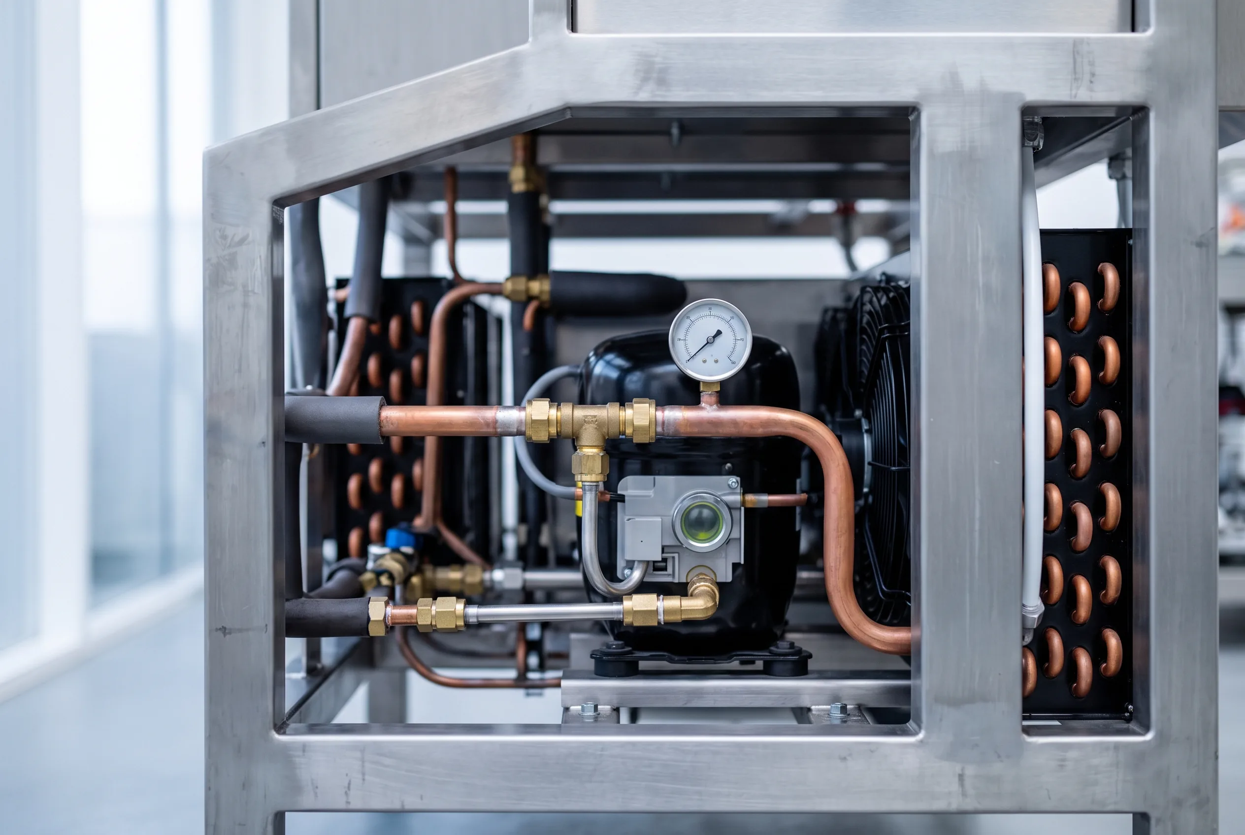 Compressor and copper pipework inside a stainless steel frame