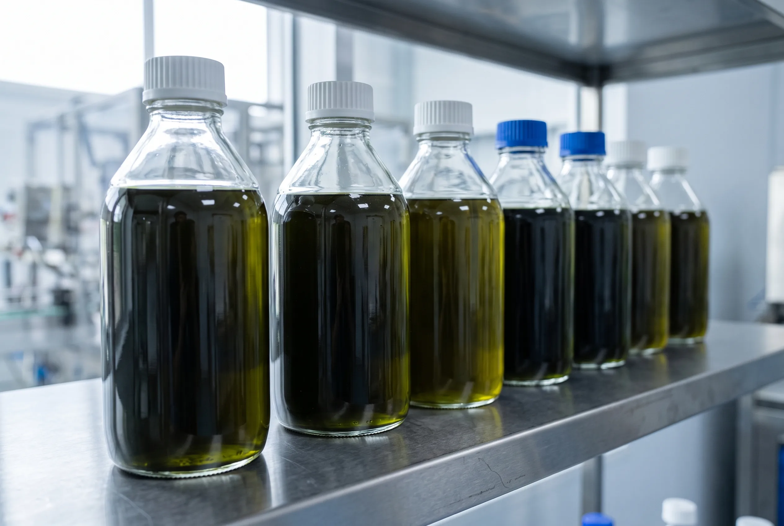 1 L glass bottles of dark green extract on a steel shelf